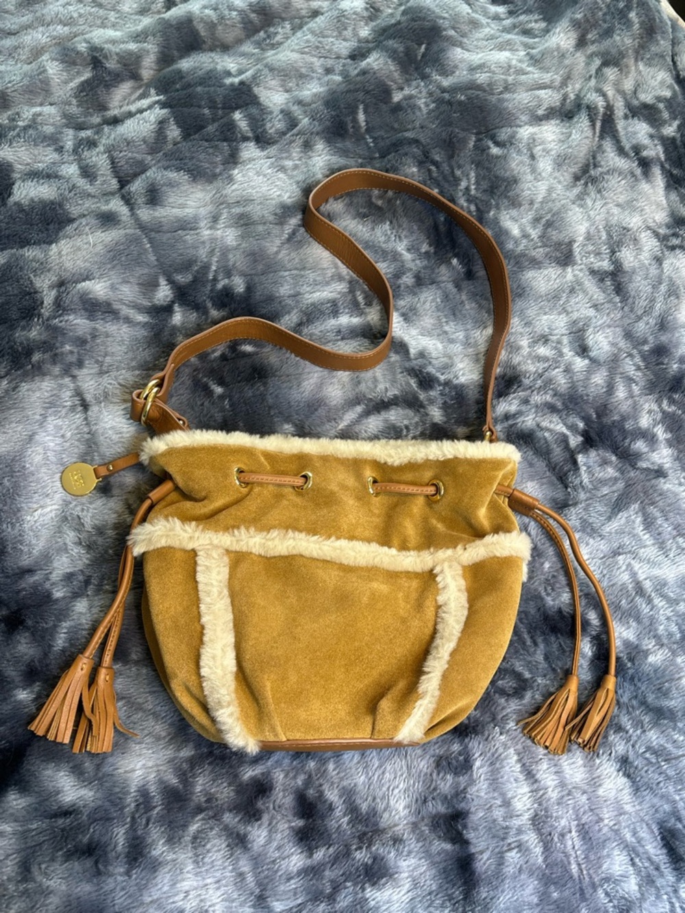 UGG Suede Drawstring Crossbody with Cream Shearling Trim - Tan